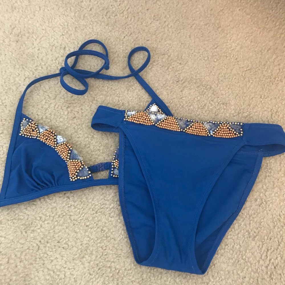 Blue bikini with bead detail